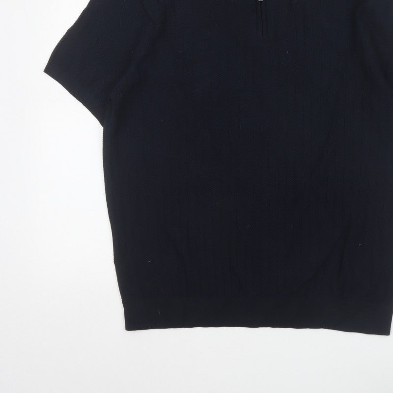 Marks and Spencer Men Black L Herringbone Knit 1/4 Zip Polo