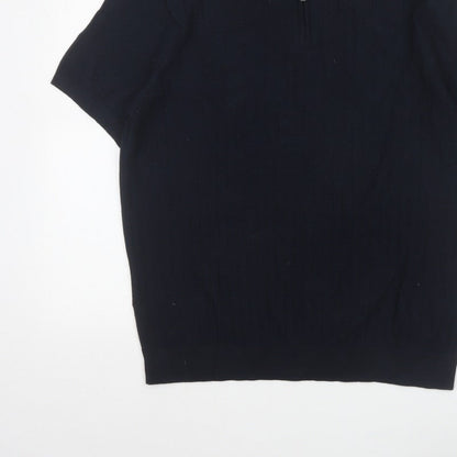 Marks and Spencer Men Black L Herringbone Knit 1/4 Zip Polo