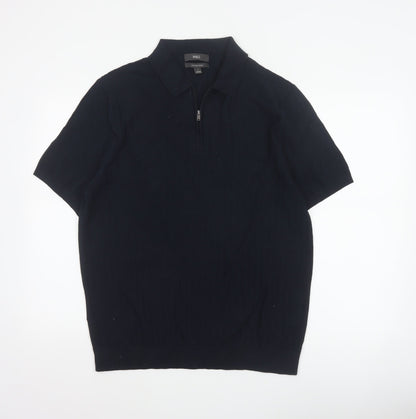 Marks and Spencer Men Black L Herringbone Knit 1/4 Zip Polo