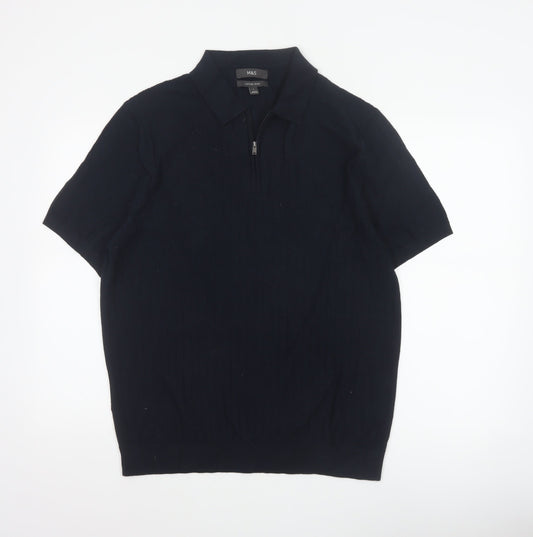 Back view of Marks and Spencer Men Black L Herringbone Knit 1/4 Zip Polo