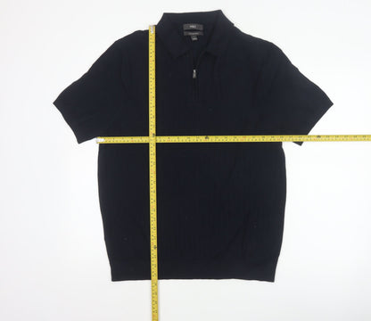 Marks and Spencer Men Black L Herringbone Knit 1/4 Zip Polo