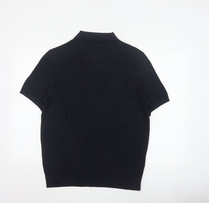 Marks and Spencer Men Black L Herringbone Knit 1/4 Zip Polo