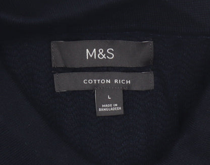Marks and Spencer Men Black L Herringbone Knit 1/4 Zip Polo