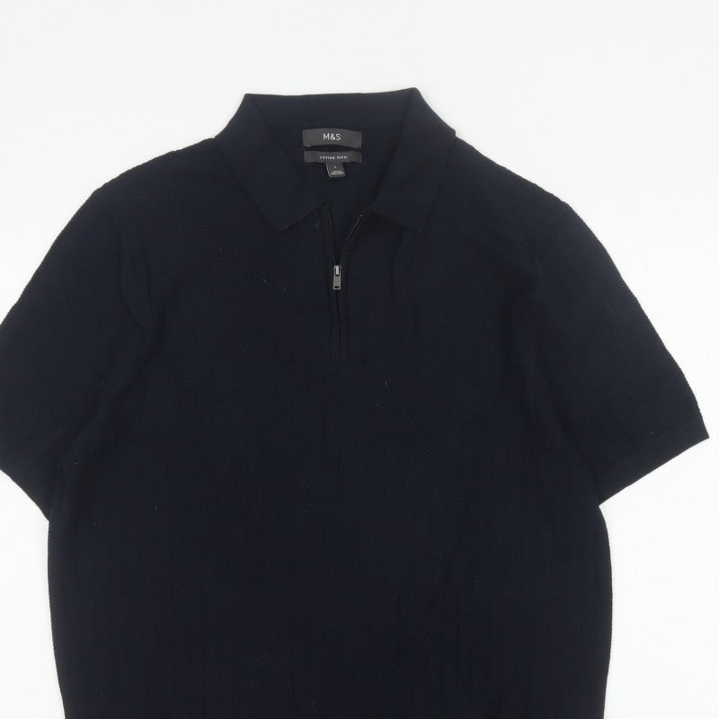 Marks and Spencer Men Black L Herringbone Knit 1/4 Zip Polo