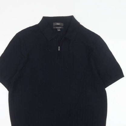 Marks and Spencer Men Black L Herringbone Knit 1/4 Zip Polo