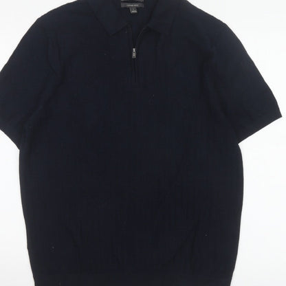 Marks and Spencer Men Black L Herringbone Knit 1/4 Zip Polo