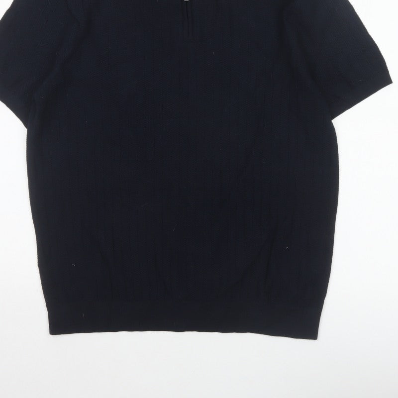 Marks and Spencer Men Black L Herringbone Knit 1/4 Zip Polo