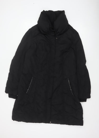Wallis Women Black UK 18 Long Hooded Puffer Coat Buckle Trim