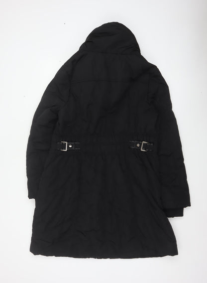 Wallis Women Black UK 18 Long Hooded Puffer Coat Buckle Trim