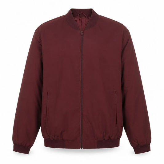 Front view of ASOS Design Men’s Burgundy XL Bomber Jacket Full Zip Lined