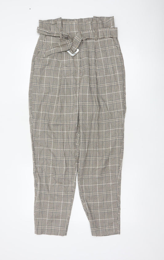 New Look Women’s Beige Check Paperbag Tapered Trousers UK 10 Belted