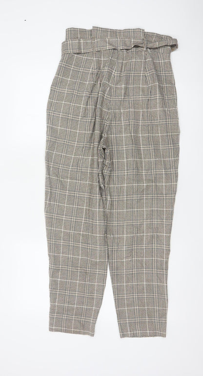 New Look Women’s Beige Check Paperbag Tapered Trousers UK 10 Belted
