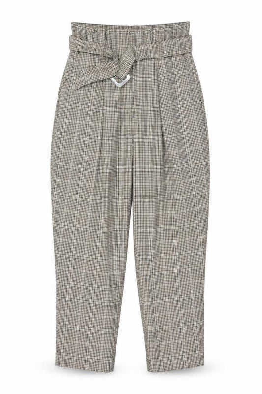 New Look Women’s Beige Check Paperbag Tapered Trousers UK 10 Belted