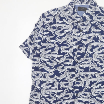Marks and Spencer Men Blue L Crocodile Print Viscose Short Sleeve Shirt