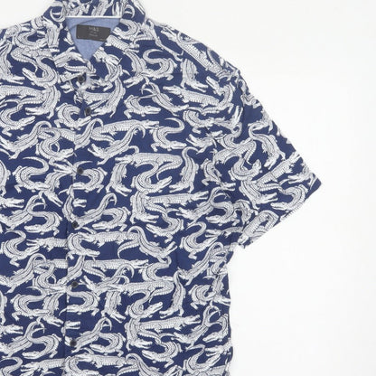 Marks and Spencer Men Blue L Crocodile Print Viscose Short Sleeve Shirt