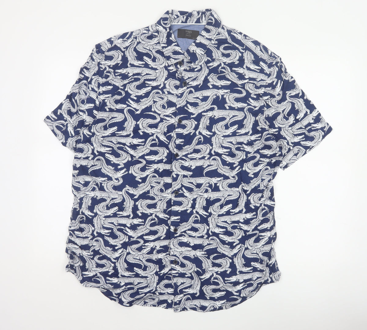 Marks and Spencer Men Blue L Crocodile Print Viscose Short Sleeve Shirt