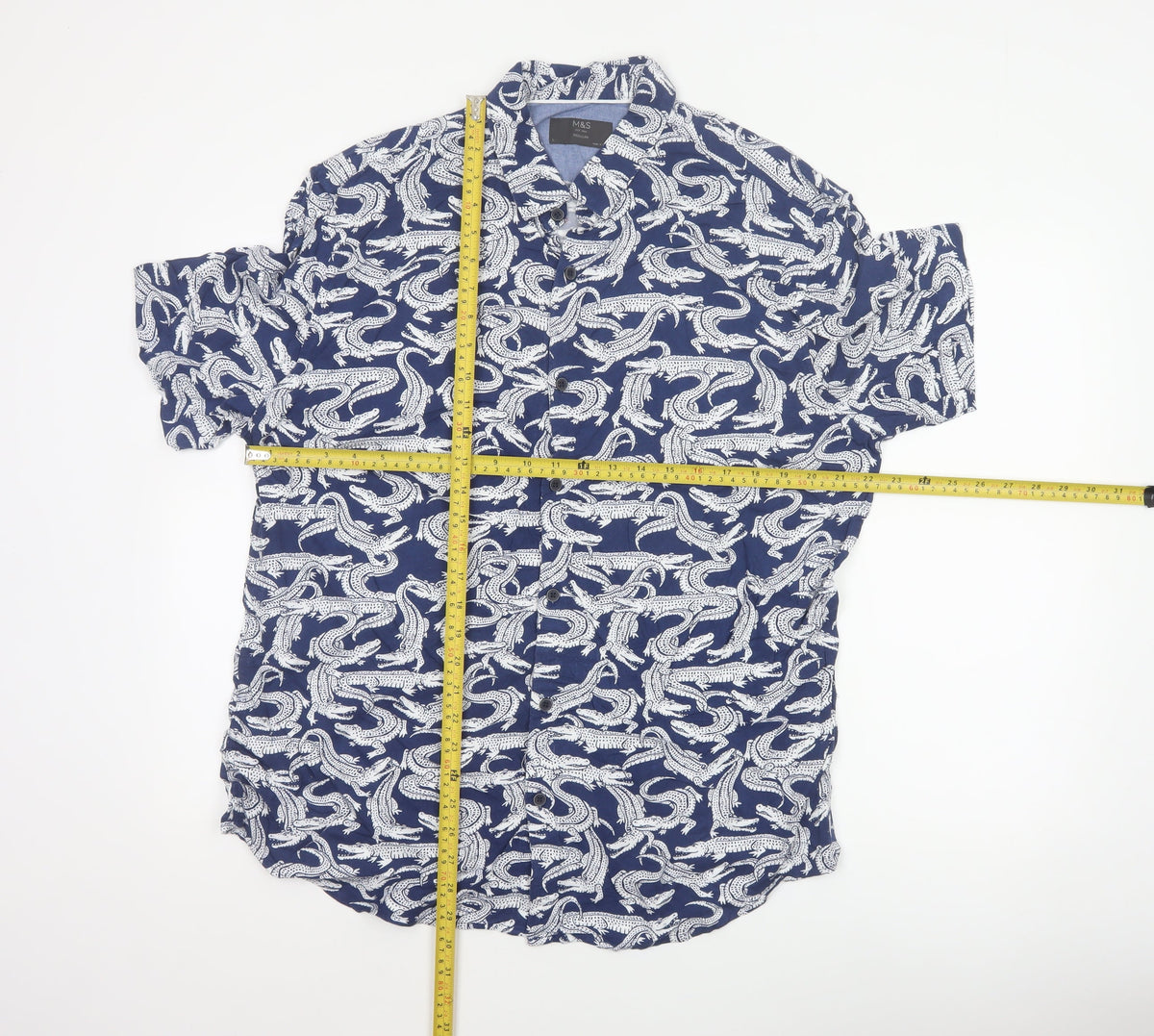 Marks and Spencer Men Blue L Crocodile Print Viscose Short Sleeve Shirt