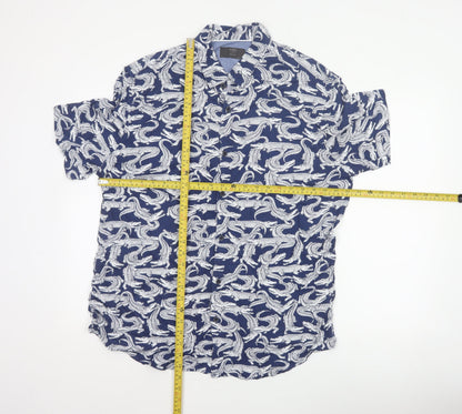 Marks and Spencer Men Blue L Crocodile Print Viscose Short Sleeve Shirt