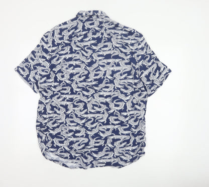 Marks and Spencer Men Blue L Crocodile Print Viscose Short Sleeve Shirt