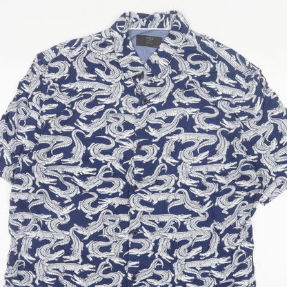Marks and Spencer Men Blue L Crocodile Print Viscose Short Sleeve Shirt
