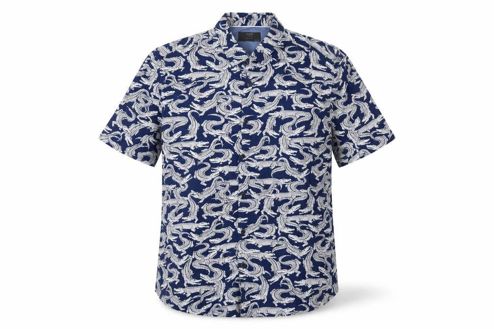 Marks and Spencer Men Blue L Crocodile Print Viscose Short Sleeve Shirt