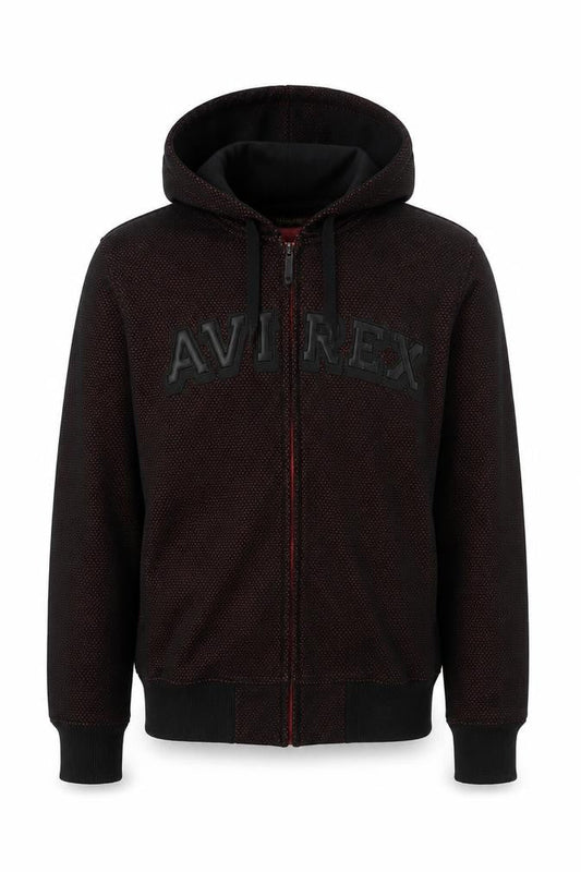 Front view of Avirex USA Men's Black Red S Full Zip Hooded Fleece Logo Hoodie
