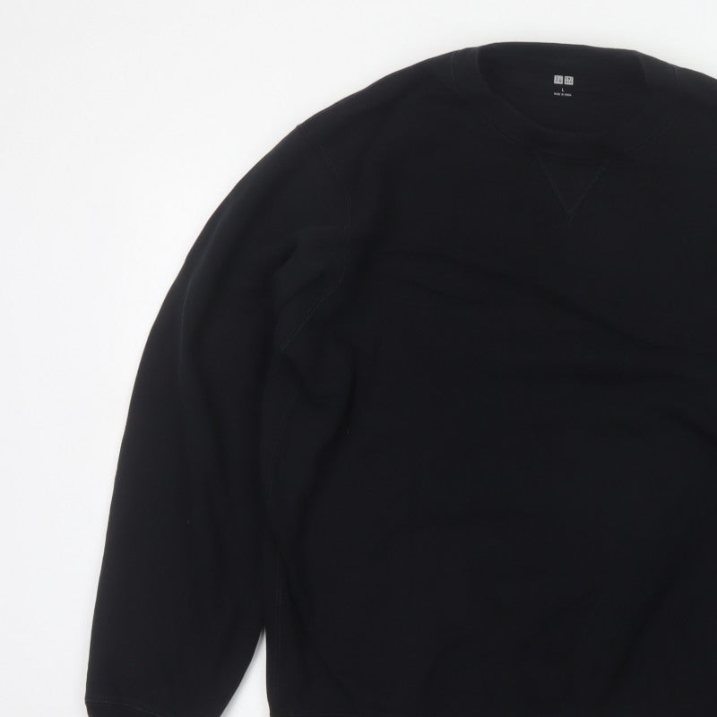 Uniqlo Men’s Black L Cotton Blend Crew Neck Pullover Sweatshirt Pockets