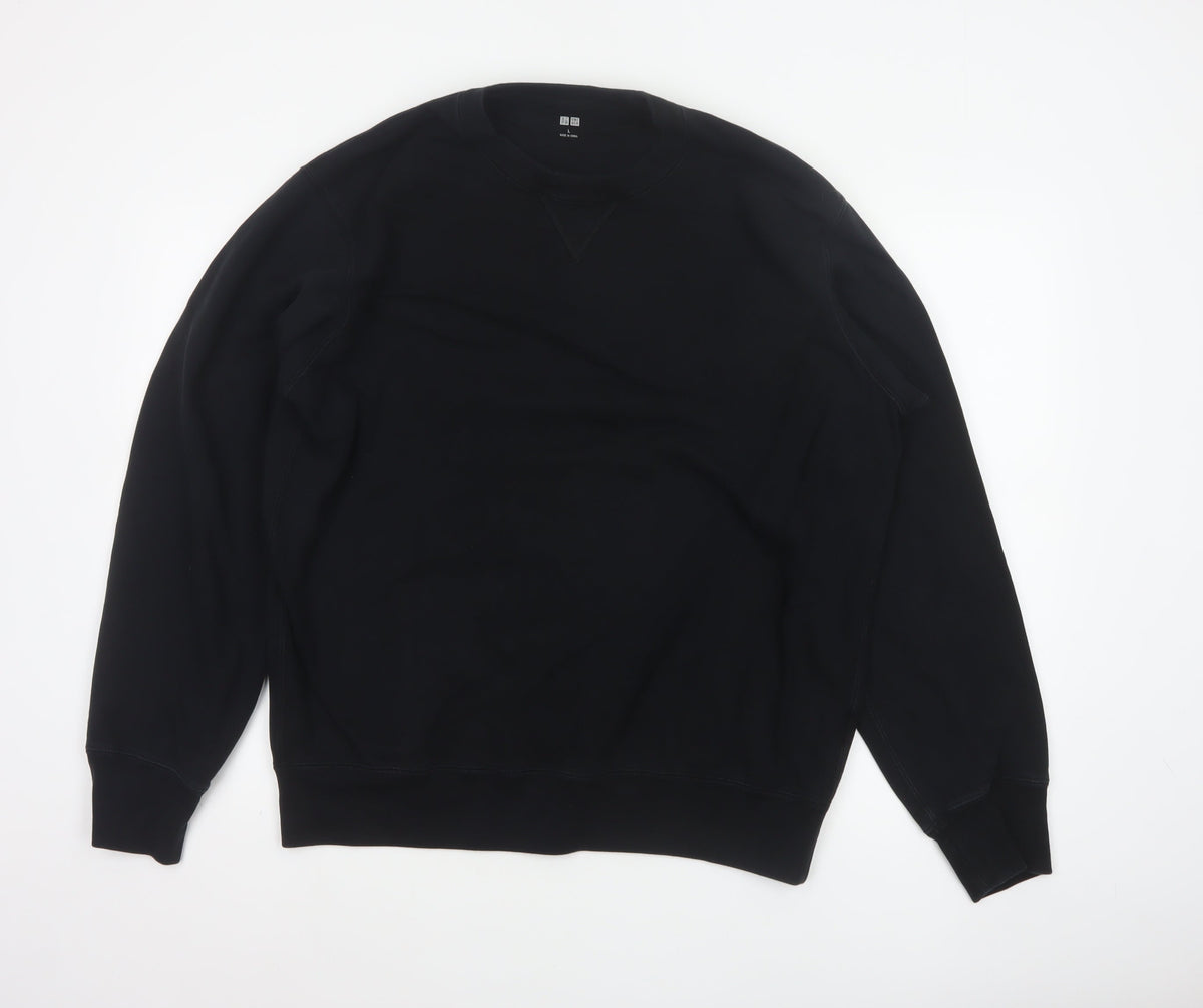 Uniqlo Men’s Black L Cotton Blend Crew Neck Pullover Sweatshirt Pockets