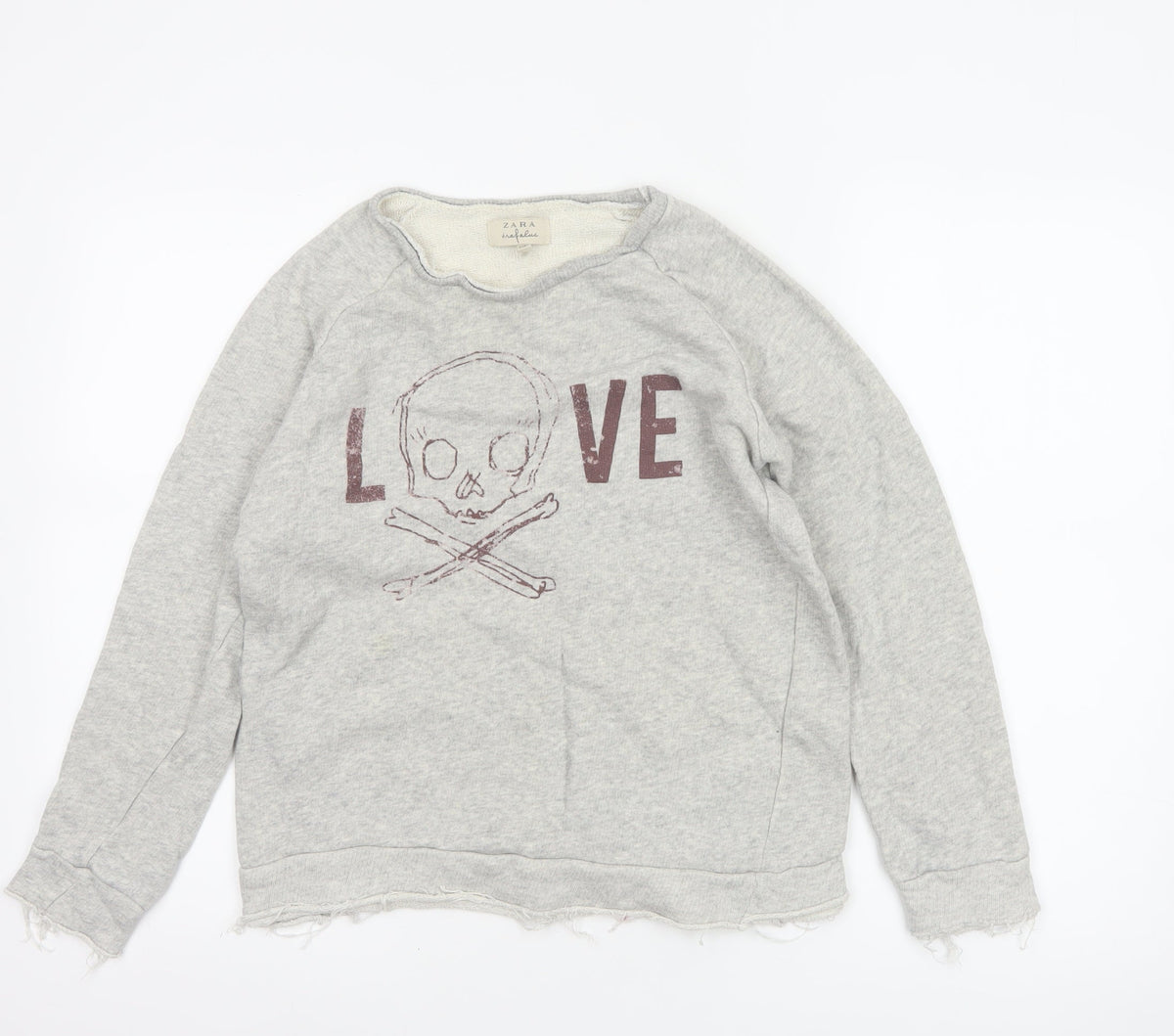 Zara Trafaluc Women’s Grey S Skull Love Raw Edge Graphic Sweatshirt