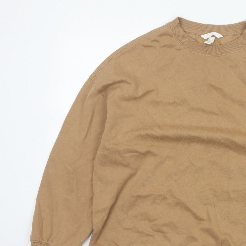 H&M Women Beige M Pullover Sweatshirt Crew Neck Fleece Cotton Blend