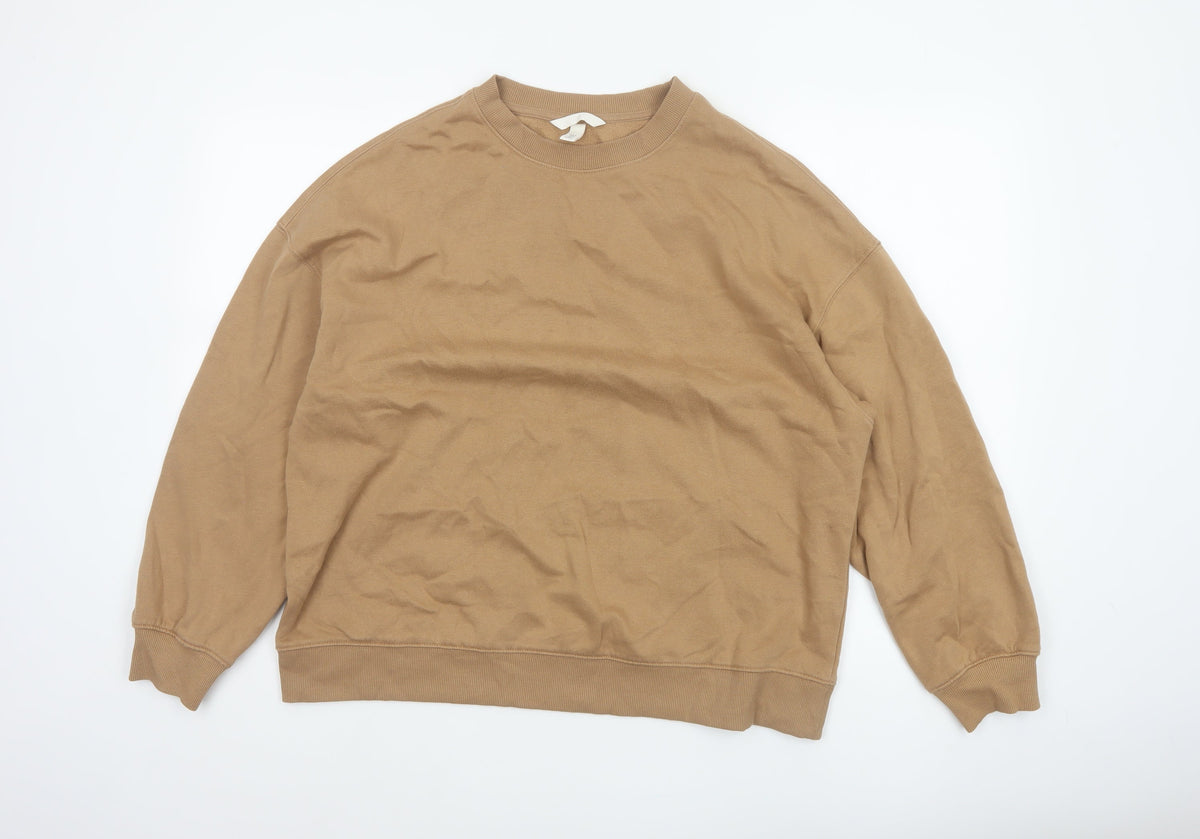 H&M Women Beige M Pullover Sweatshirt Crew Neck Fleece Cotton Blend