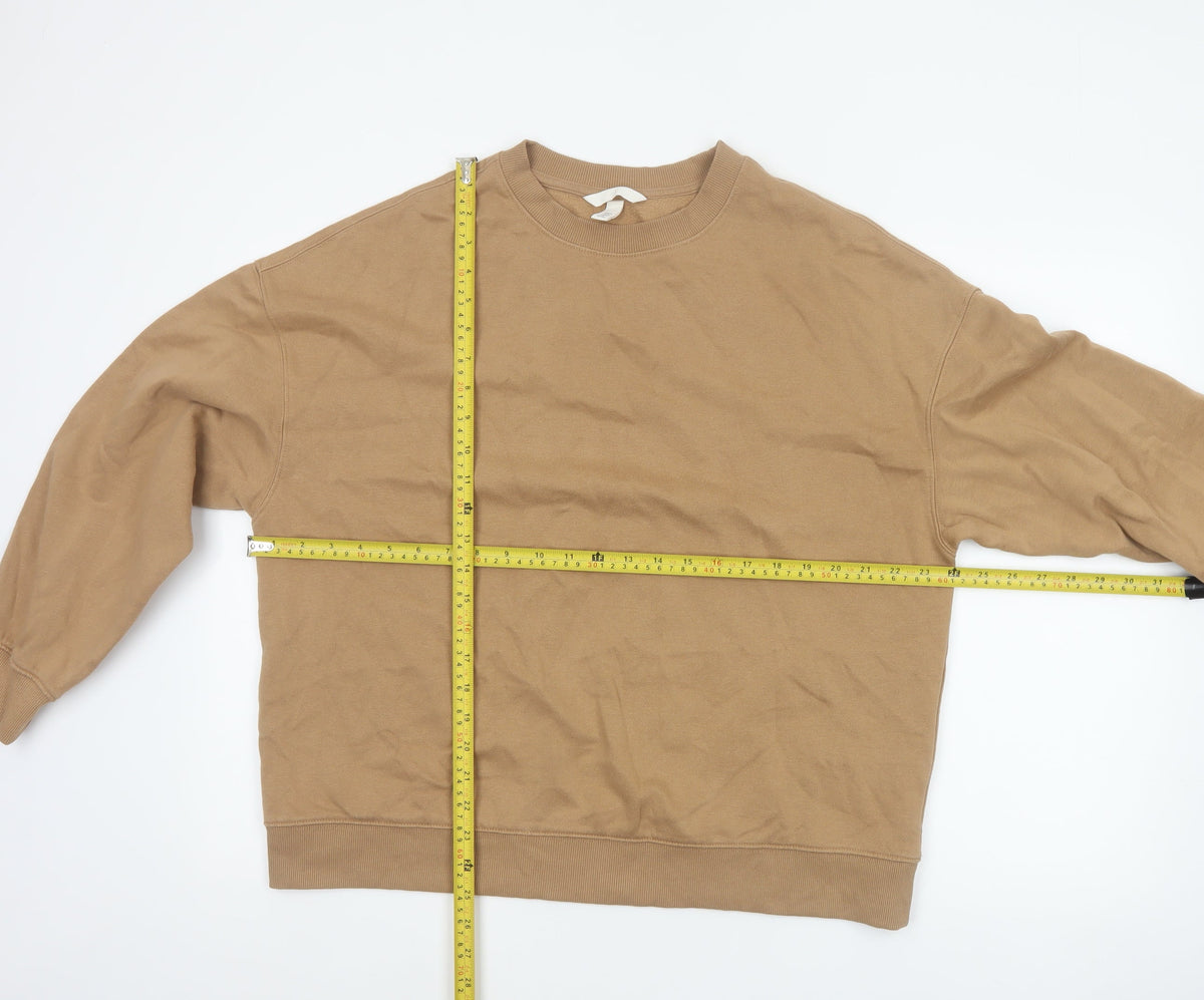 H&M Women Beige M Pullover Sweatshirt Crew Neck Fleece Cotton Blend