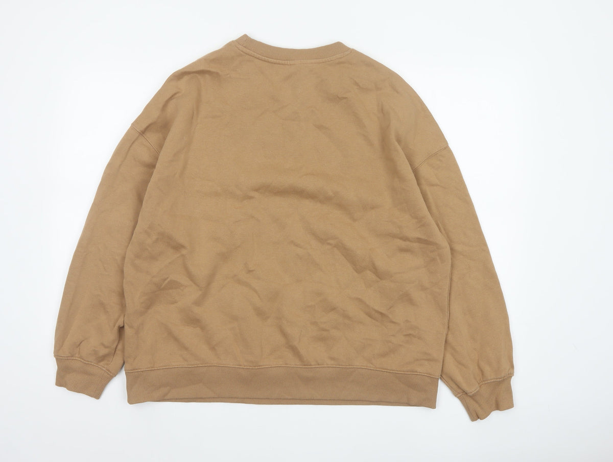 H&M Women Beige M Pullover Sweatshirt Crew Neck Fleece Cotton Blend