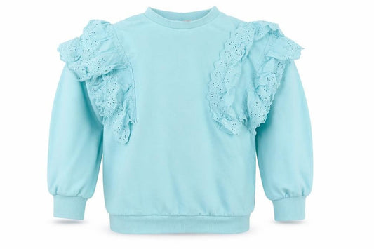 Front view of I Love Girlswear girls’ blue ruffle fleece sweatshirt pullover 6 years