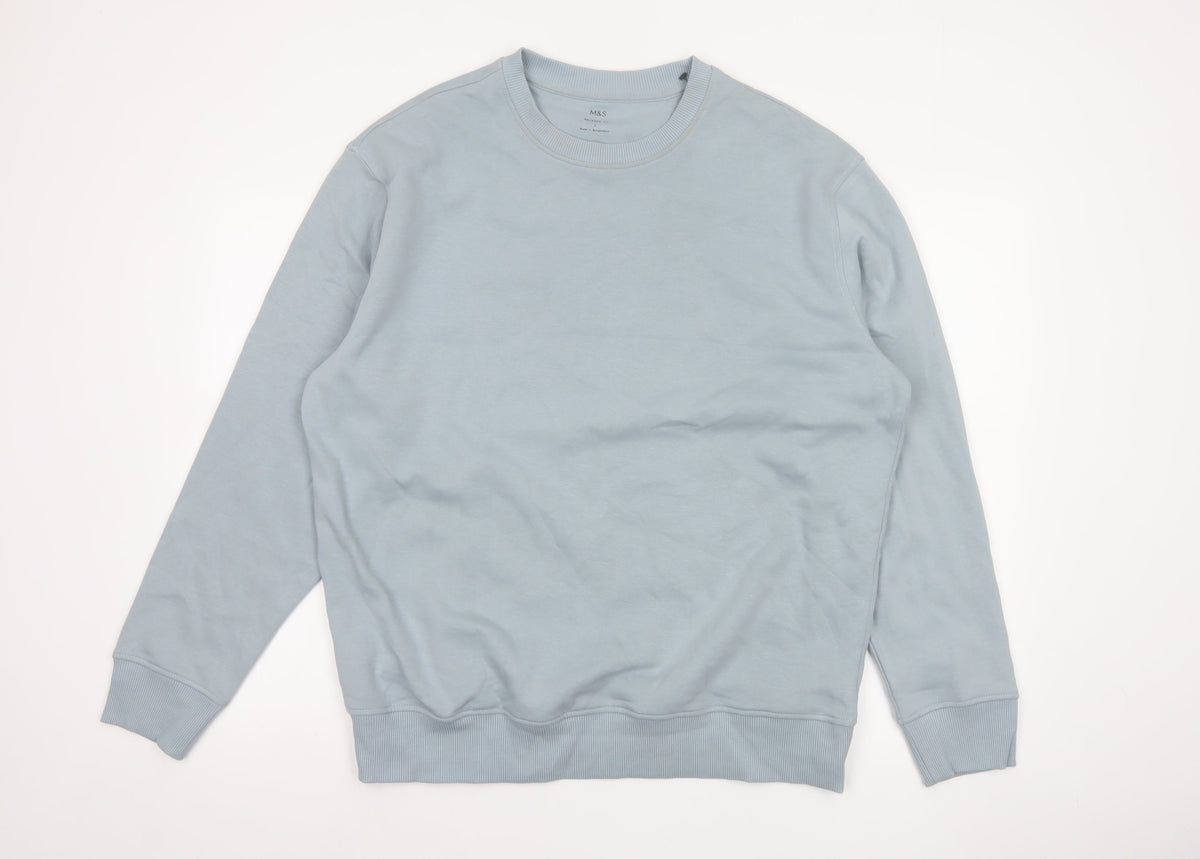 Marks and Spencer Men Blue L Relaxed Fit Crew Neck Pullover Sweatshirt