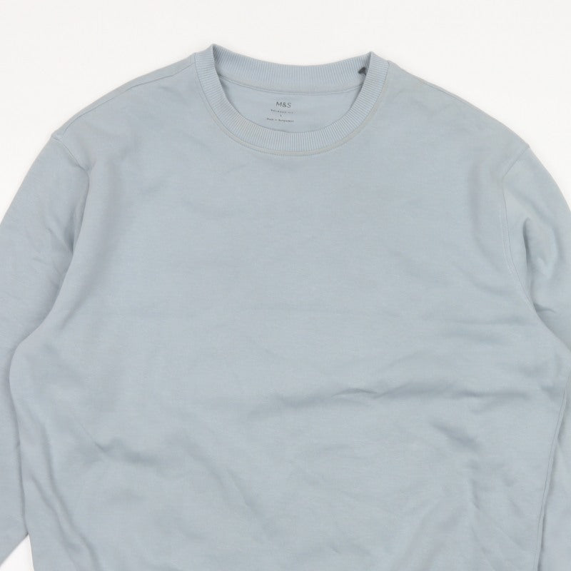 Marks and Spencer Men Blue L Relaxed Fit Crew Neck Pullover Sweatshirt