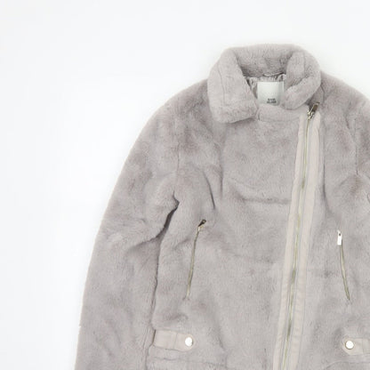 River Island Girls Grey 11-12 Years Faux Fur Biker Jacket Zip