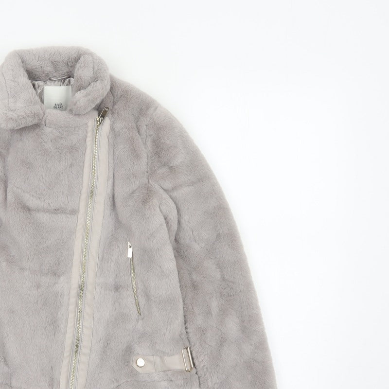 River Island Girls Grey 11-12 Years Faux Fur Biker Jacket Zip