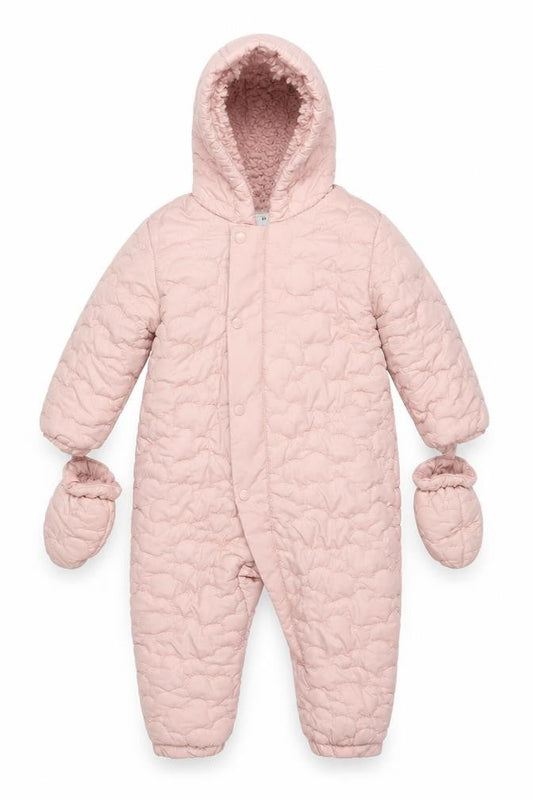 Front view of M&S girls’ pink 3-6 months quilted hooded padded snowsuit