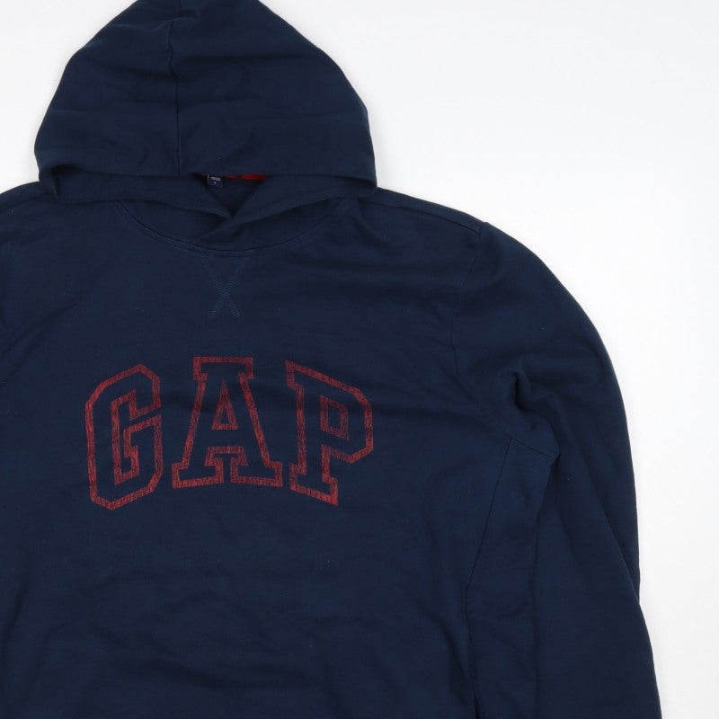 GAP Men’s Navy Blue L Pullover Hoodie Red Logo Graphic Cotton