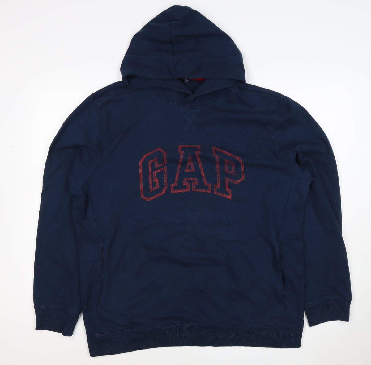 GAP Men’s Navy Blue L Pullover Hoodie Red Logo Graphic Cotton