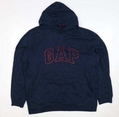 GAP Men’s Navy Blue L Pullover Hoodie Red Logo Graphic Cotton