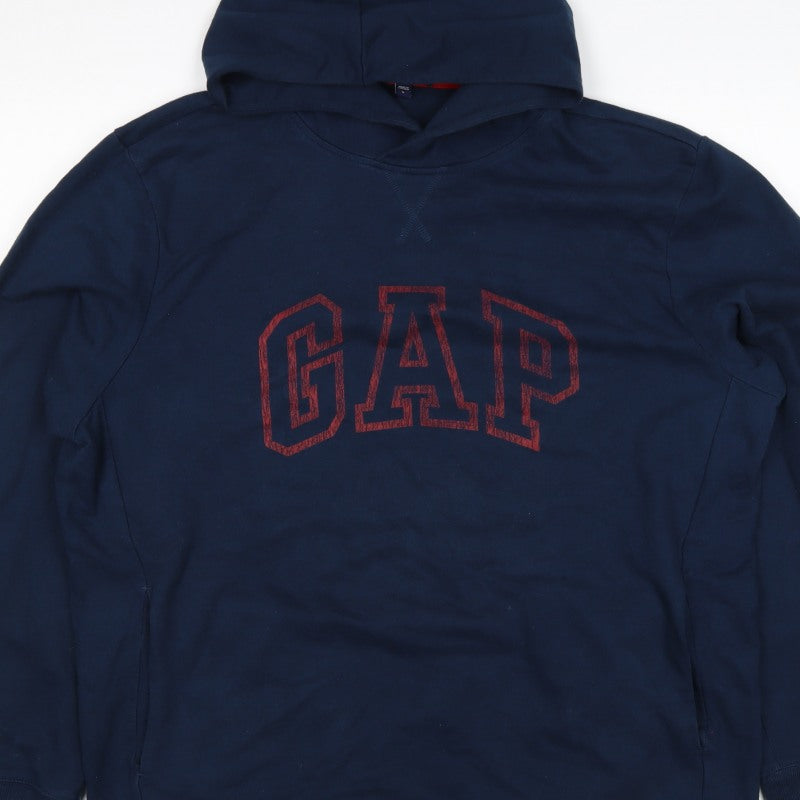 GAP Men’s Navy Blue L Pullover Hoodie Red Logo Graphic Cotton