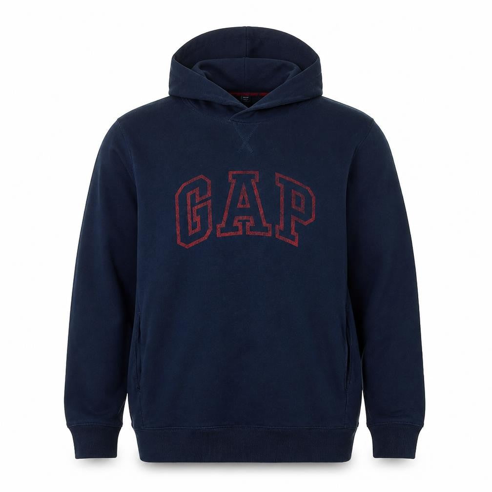 GAP Men’s Navy Blue L Pullover Hoodie Red Logo Graphic Cotton