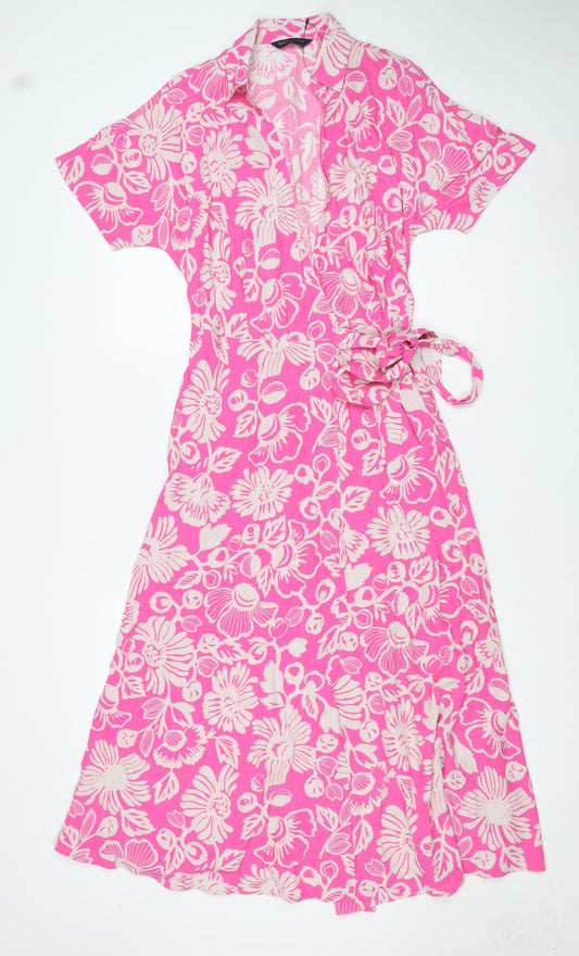 M&S Collection Women Pink Floral Size 8 Knee Length Wrap Dress