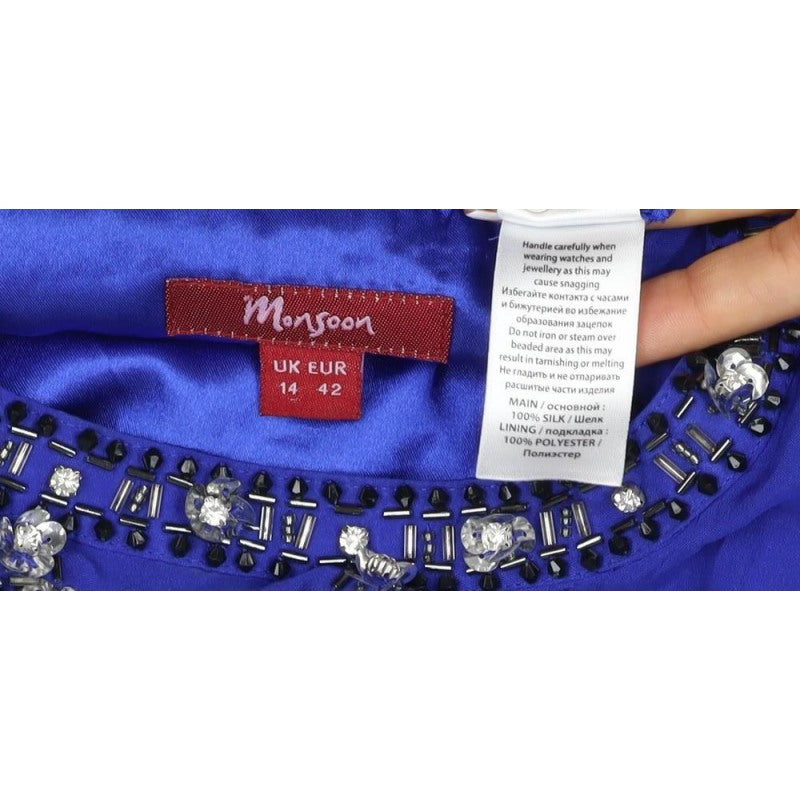 Monsoon Women Blue UK 14 Fit & Flare Beaded Chiffon Party Dress