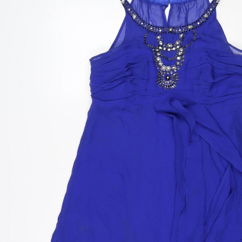Monsoon Women Blue UK 14 Fit & Flare Beaded Chiffon Party Dress