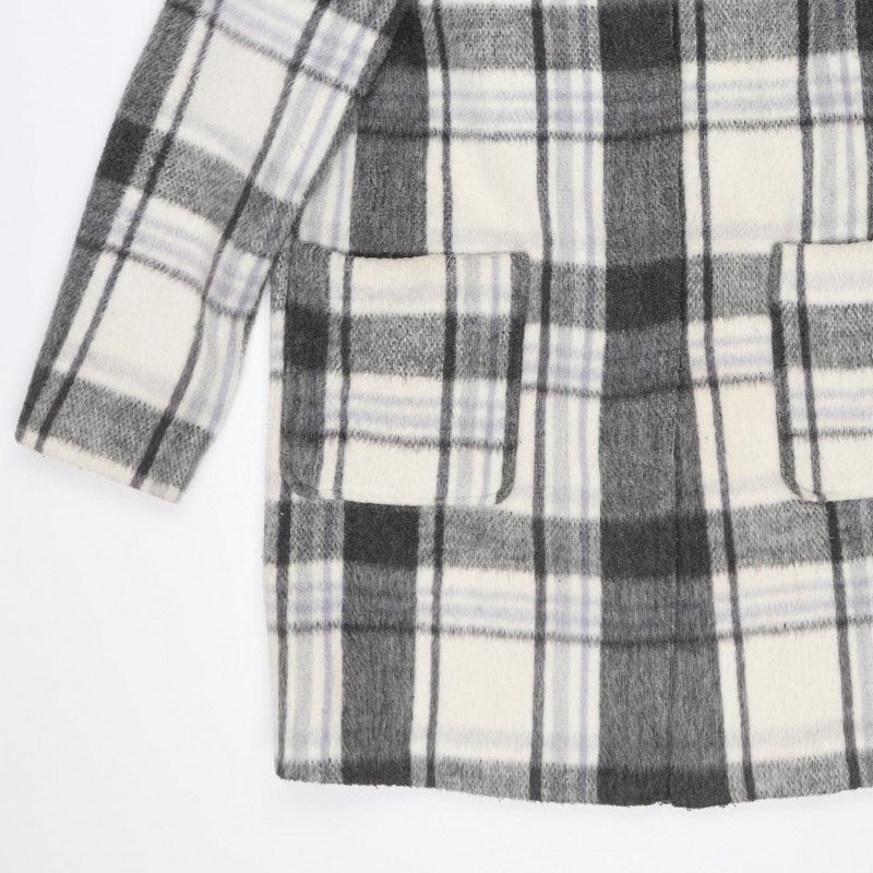 M&S Women Grey Plaid Wool Blend Mid-Length Open Coat Size 14