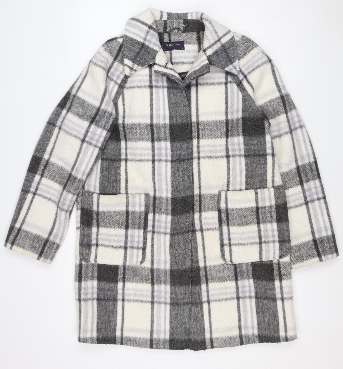M&S Women Grey Plaid Wool Blend Mid-Length Open Coat Size 14