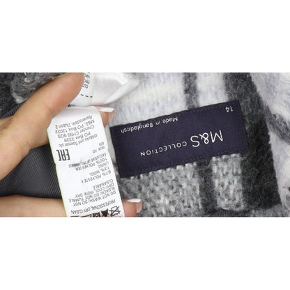 M&S Women Grey Plaid Wool Blend Mid-Length Open Coat Size 14